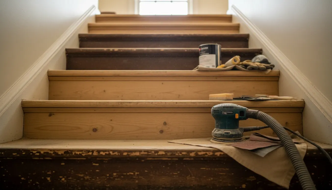 Delvist sleben 15-trins trætrappe med værktøj og lakdåse i blødt dagslys.