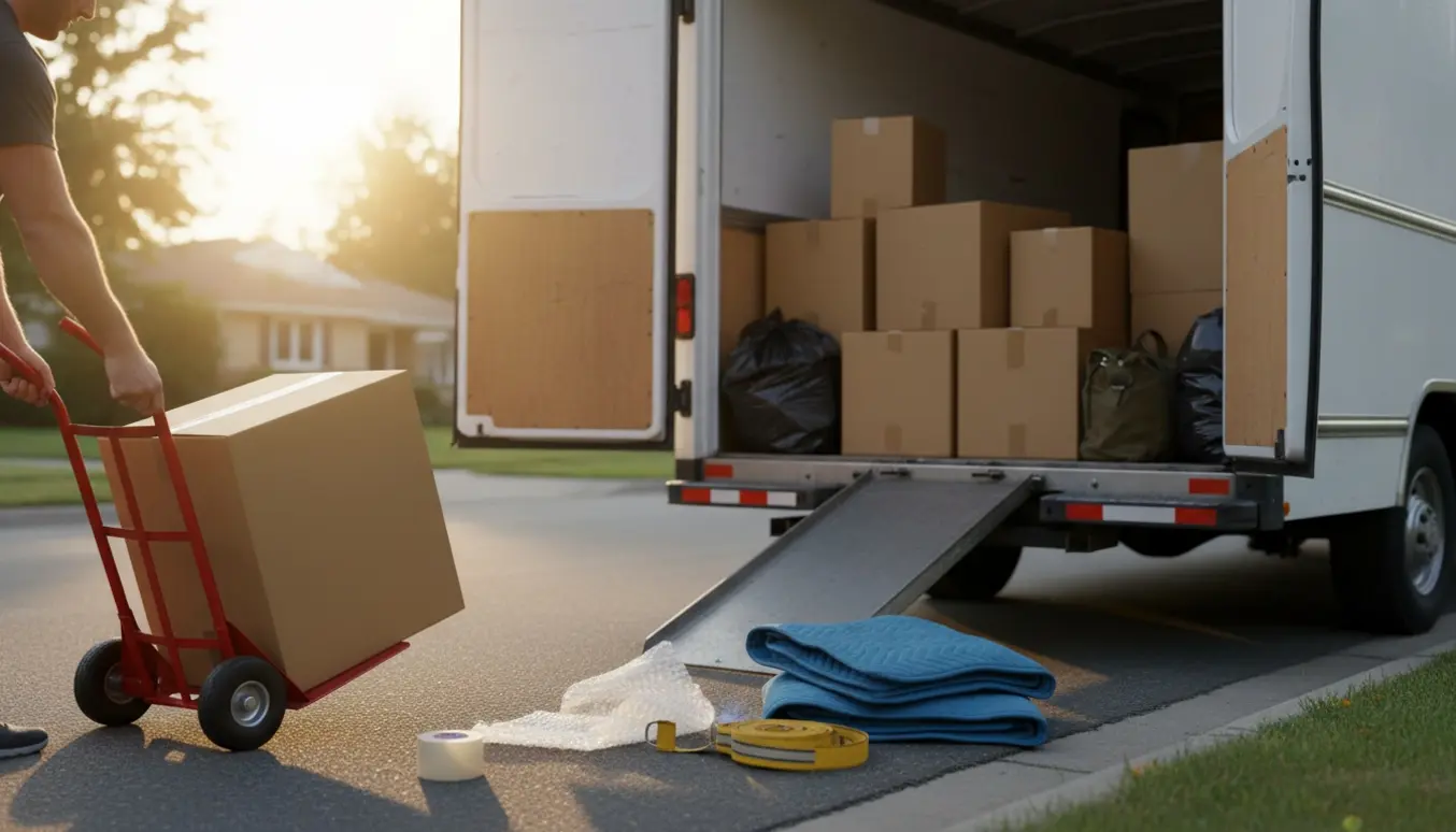 Syv flyttekasser, to sorte poser og en taske stablet i en åben flyttevogn med en flyttekasse på en sækkevogn.