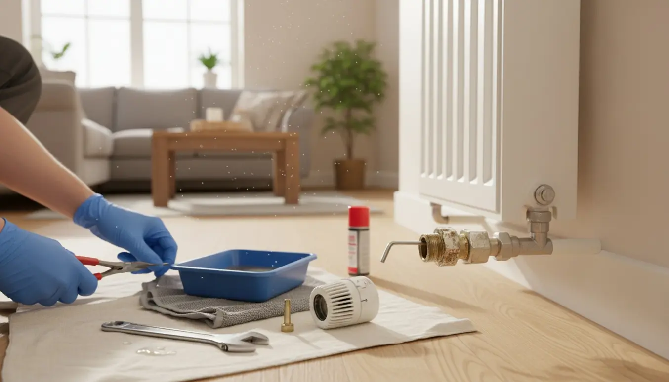 Nærbillede af en radiatorventil med slidt møtrik, hvor handskerede hænder trækker en ventilnål ud; nyt reservedele og værktøj ligger klar på en klud.