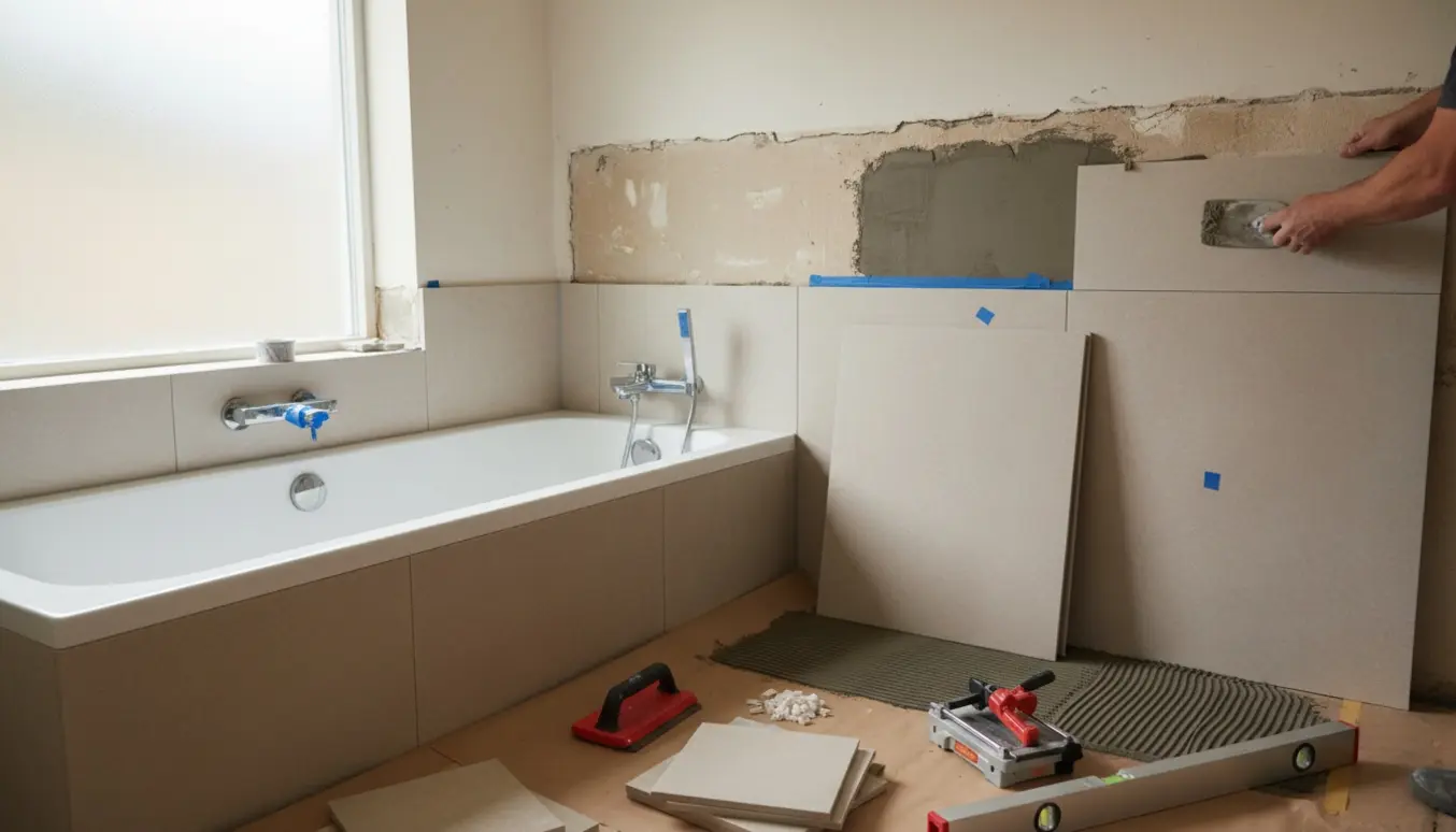 Nærbillede af et badeværelse under renovering med hænder, der lægger nye fliser omkring badekarret og værktøj og gulvfliser klar.