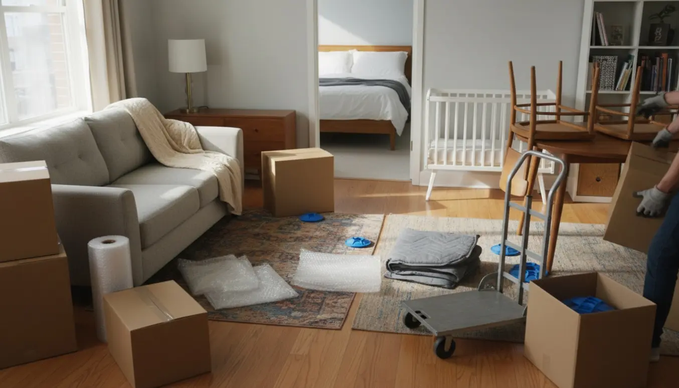 Soloplyst lille lejlighed med sofa, seng, babyseng, møbler og flyttekasser klar til flytning.