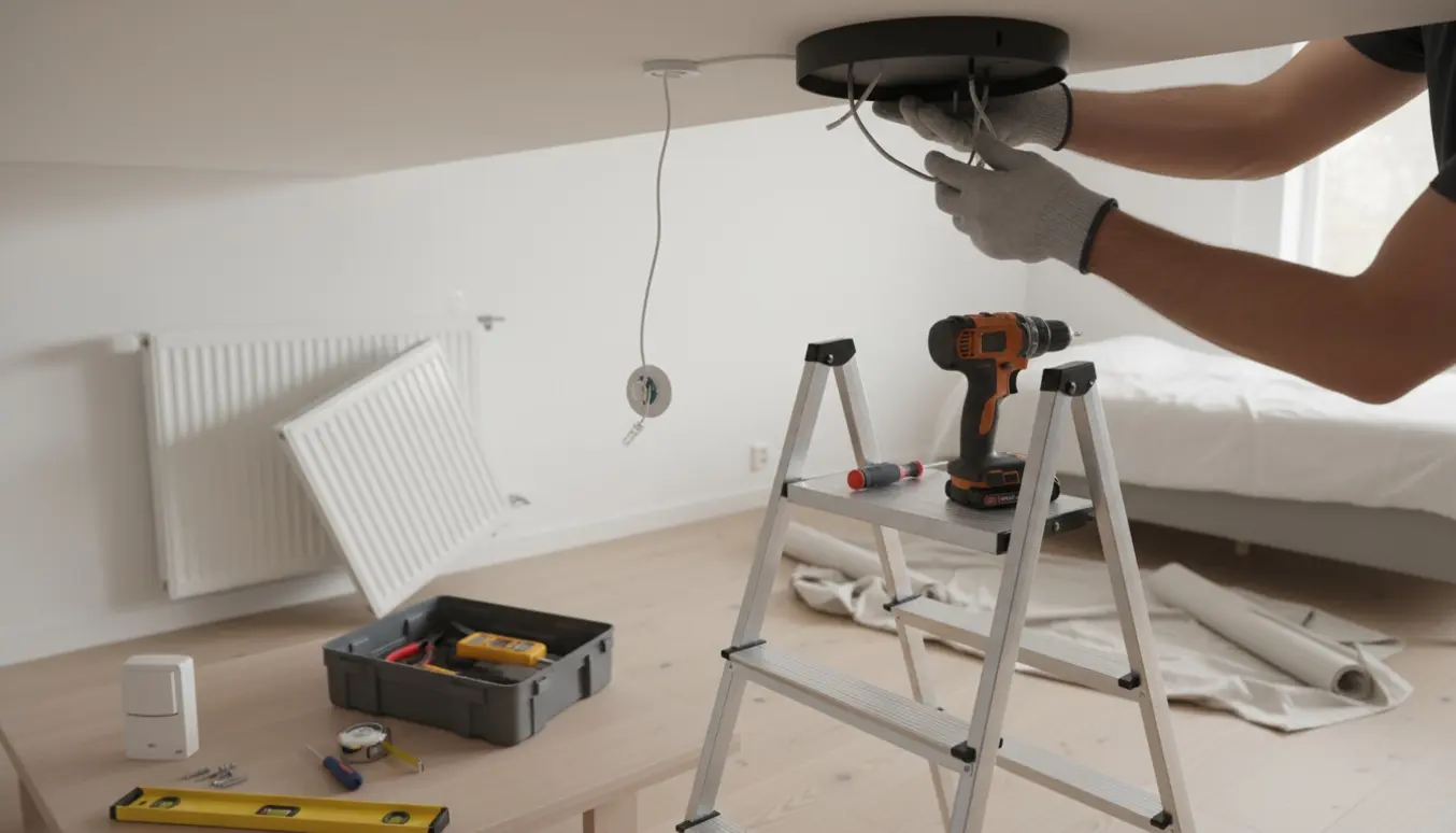 Montage af en spotskinne i loftet med værktøj og en halvmonteret el-radiator i et lyst værelse.