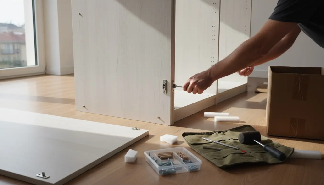 Hænder samler et fladt pakkeskab med paneler, skruer og værktøj i en lys stue.