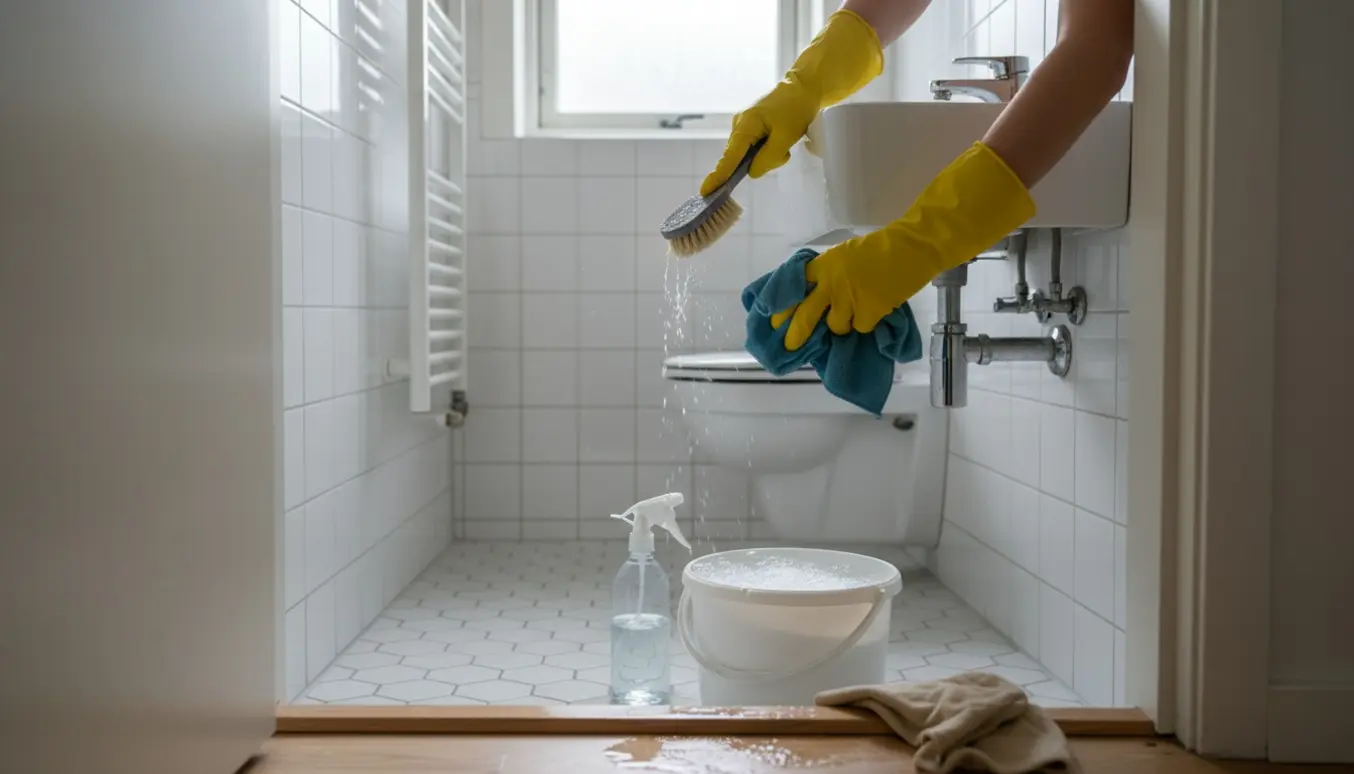 Hænder i gummihandsker afkalker en kromhane i et lille københavnerbadeværelse med et vådt stykke trægulv.