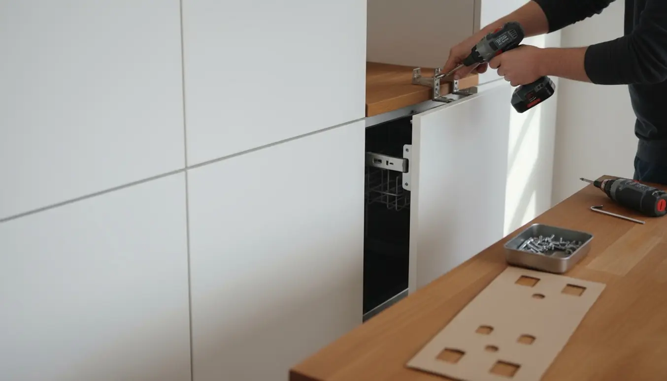 Hænder monterer front på integreret opvaskemaskine i et nyt Ikea-inspireret køkken med tilpassede køle- og frysedøre.