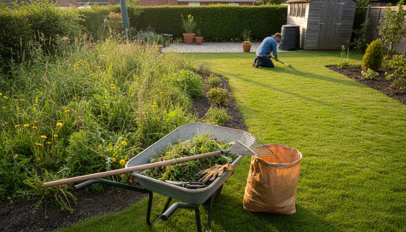 En gartner set bagfra fjerner ukrudt i en forstadshave med rive, trillebør og kompost i varmt sollys.