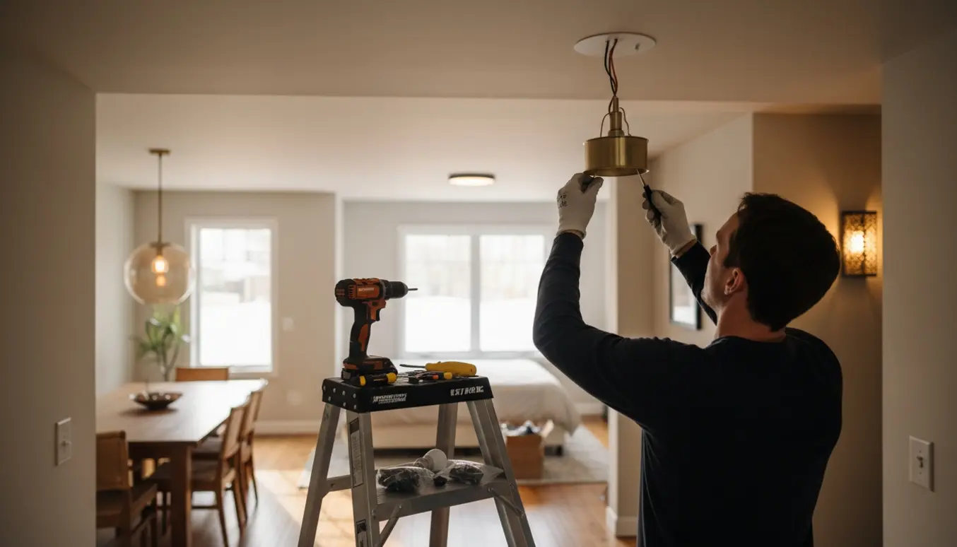 En håndværker på en stige monterer en loftslampe, mens fire tilstødende rum viser i alt fem installerede lamper.