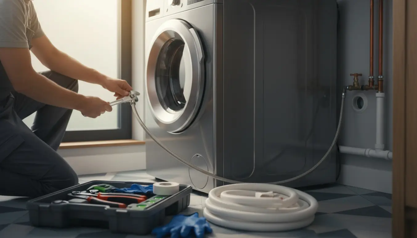 Tekniker forbinder vandslanger til en ny vaske-tørremaskine i et lyst vaskerum.