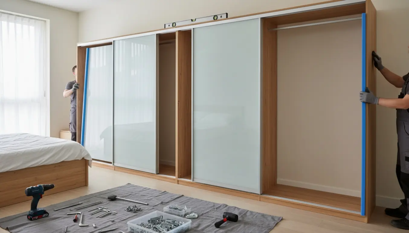 To personer samler et stort klædeskab med glas skydelåger i et lyst værelse, med værktøj og dele spredt omkring.