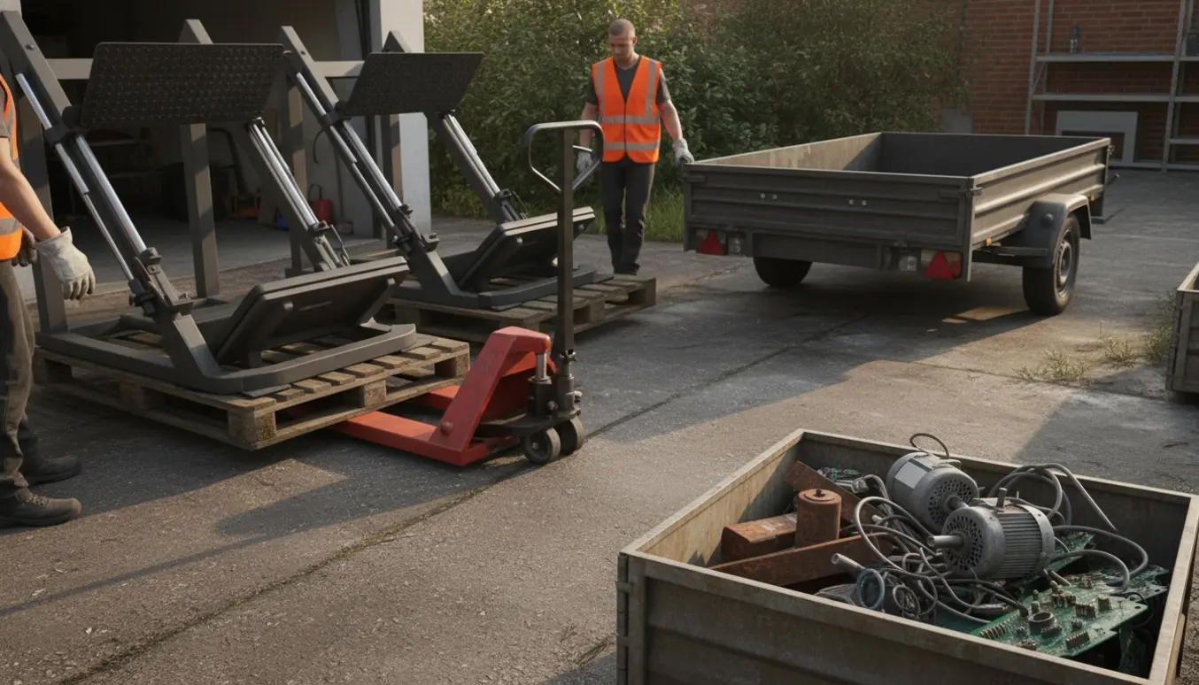 En palleløfter læsser tunge træningsmaskiner og metalskrot op på en trailer til afhentning.