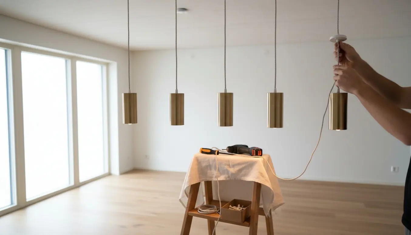 Hænder hænger fem pendellamper op i en nordisk stue med værktøj, ekstra kabel og rawlplugs.