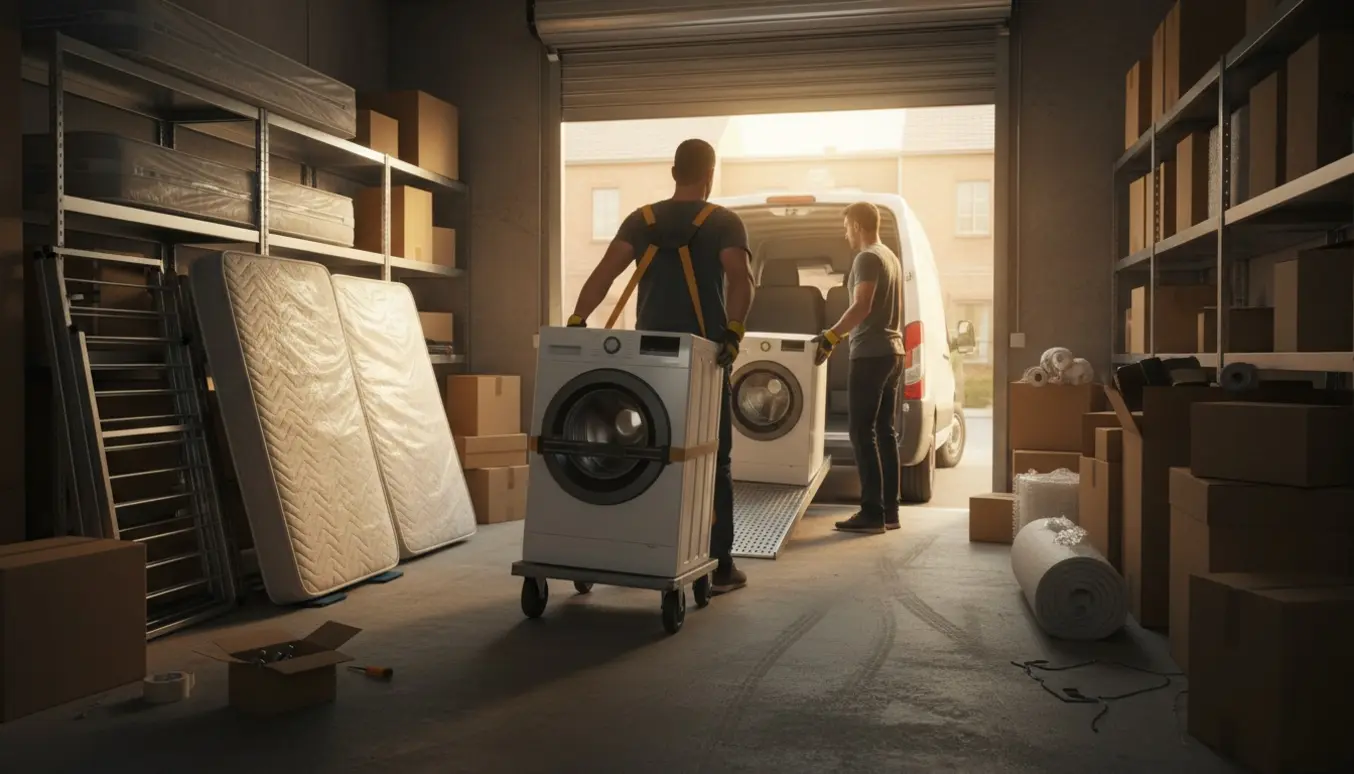 Flyttefolk læsser vaskemaskine, tørretumbler og flyttekasser ud af et 40 m² lagerrum med adskilte senge- og møbeldele.