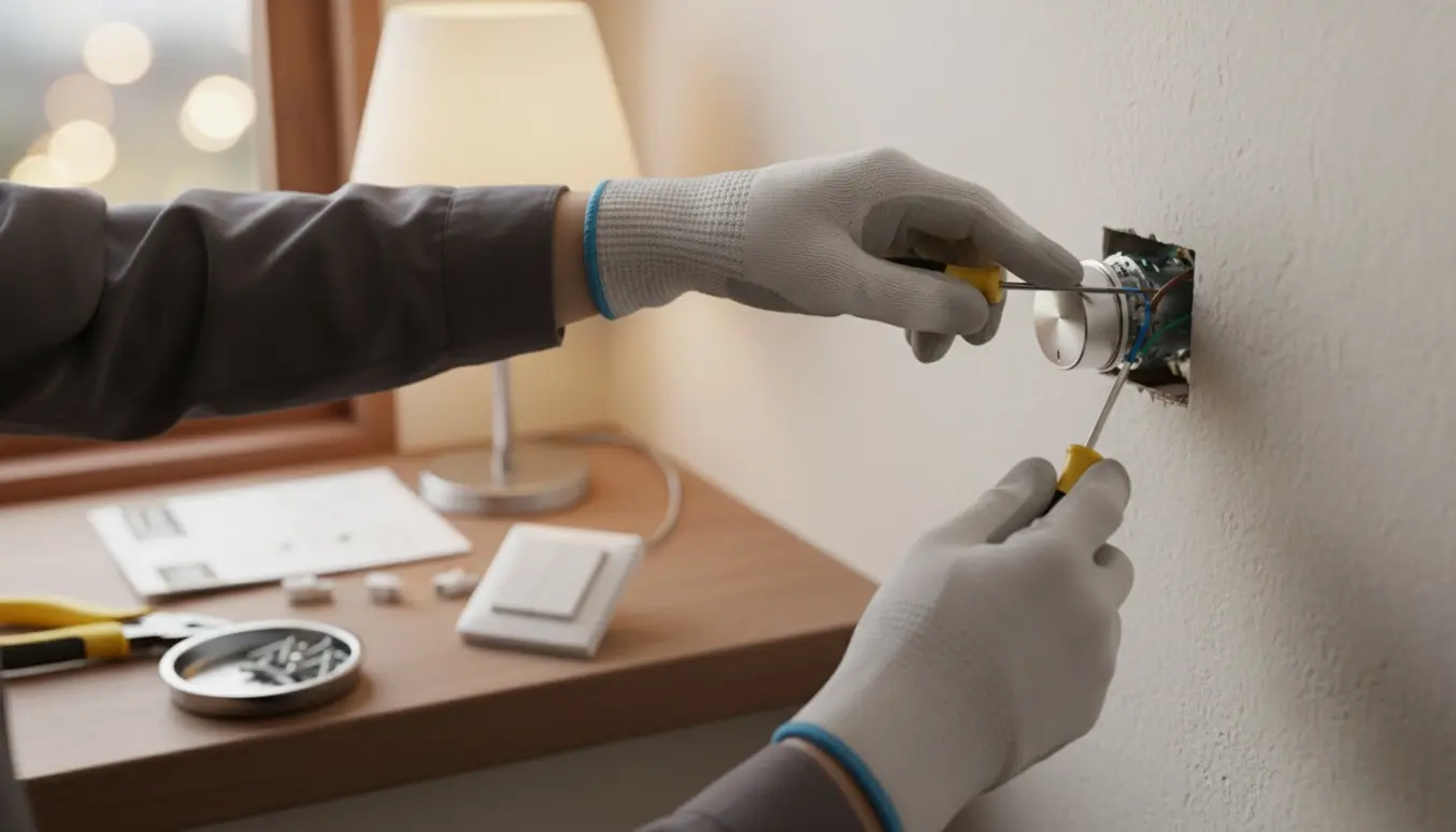 Hænder installerer en lysdæmper i stedet for en almindelig afbryder i en stue.