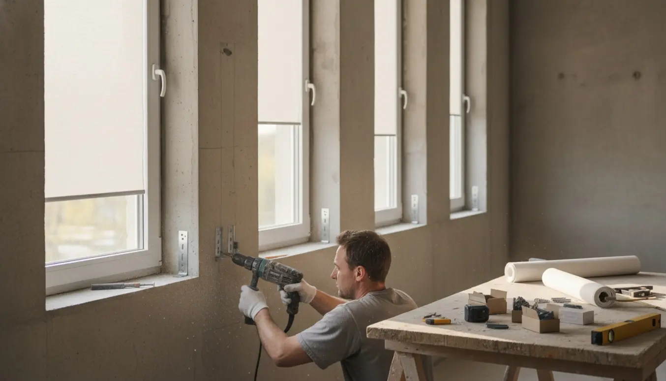 Ophængning af fem rullegardiner i beton med slagbor og monteringsmaterialer.
