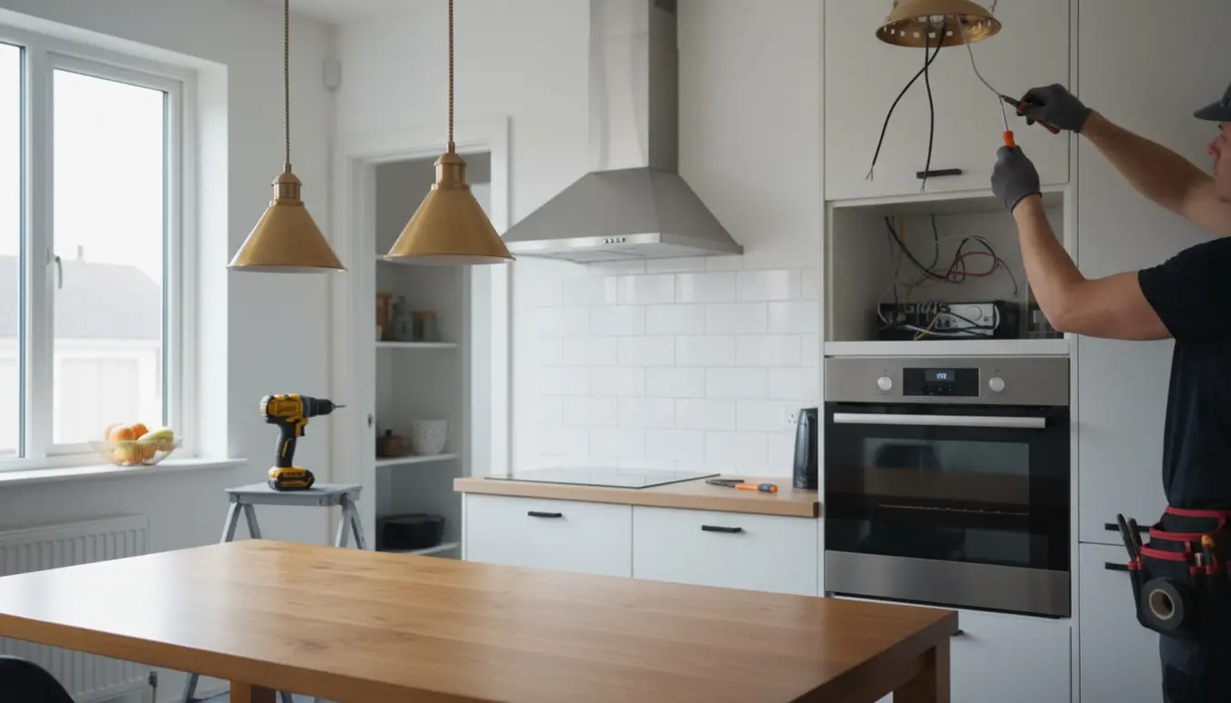 Hænder tilslutter indbygget ovn og monterer emhætte og loftlamper i et lyst køkken.