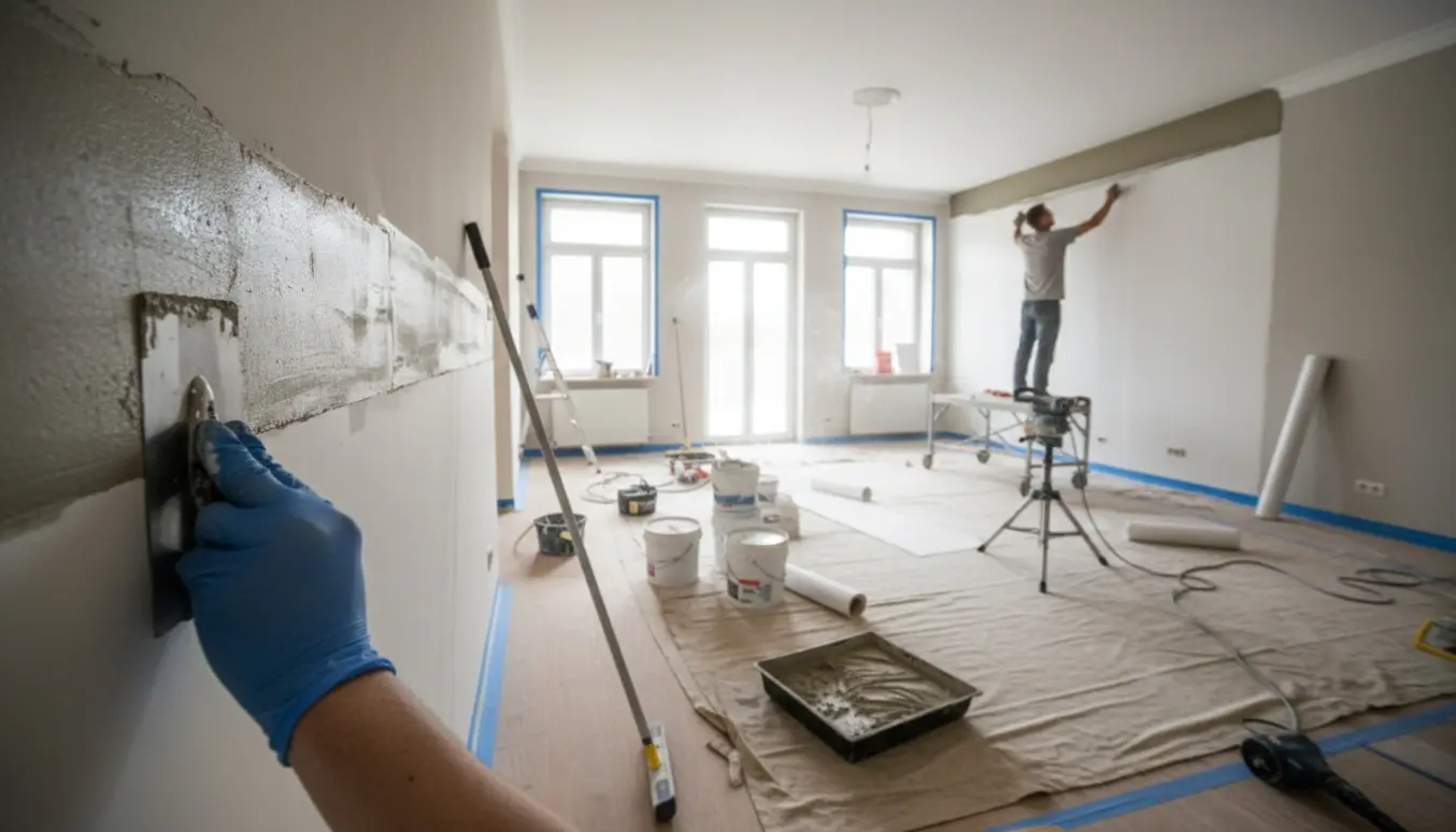 Håndværkere spartler, sliber og opsætter filt i en lys stue under renovering.