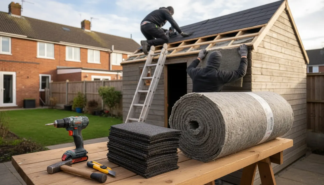 Skur i en rækkehushave under udskiftning med isoleringsruller og værktøj, håndværker monterer isolering uden synligt ansigt.