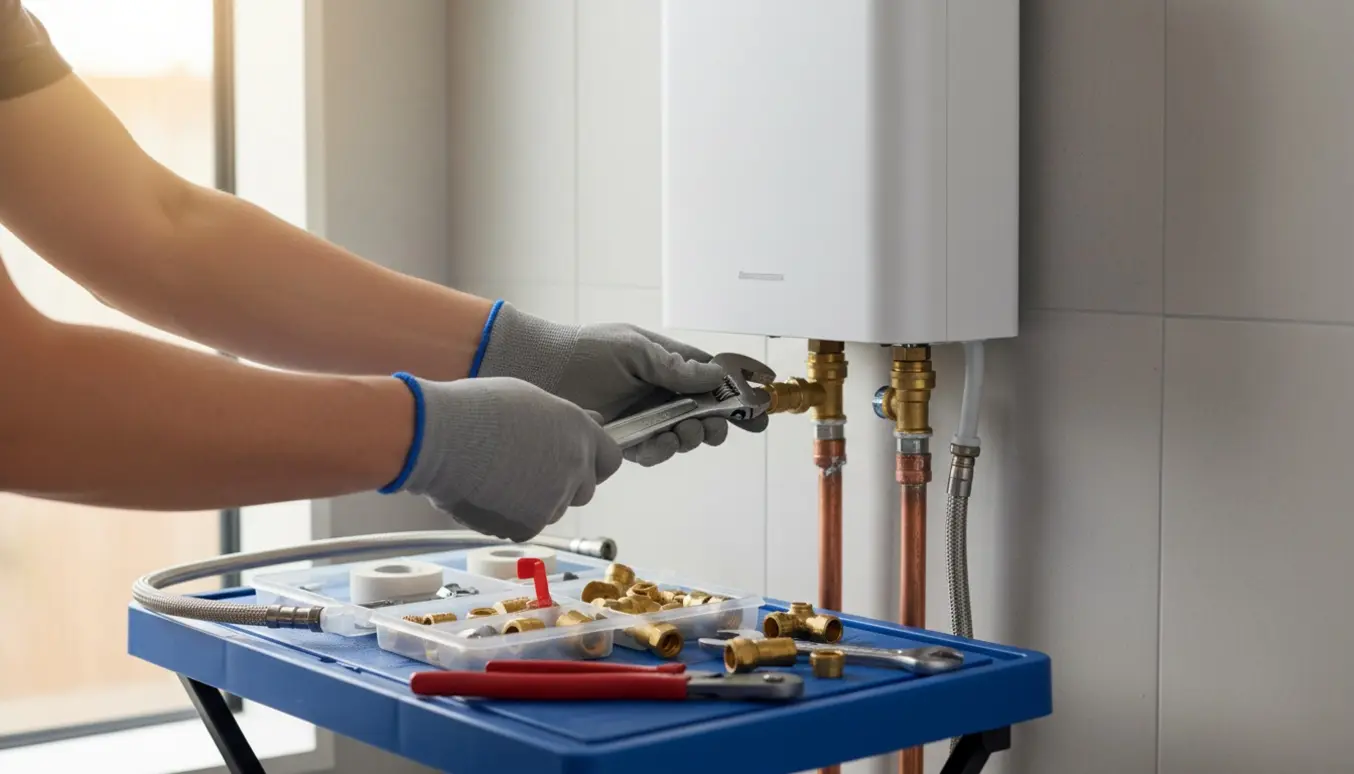 Nærbillede af hænder, der monterer en lille gennemløbsvandvarmer med rør og fittings i et teknikrum.