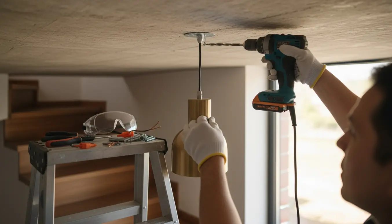 Opsætning af en loftslampe i et betonloft over en trappe med synligt kabel og værktøj.