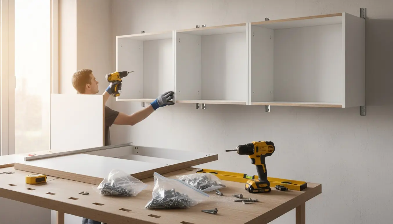 Nærbillede af montering af tre hvide modulskabe på en væg med værktøj og hænder, uden ansigter.