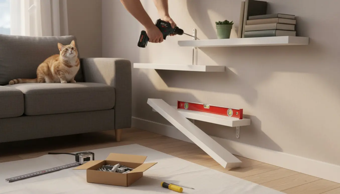 Hænder monterer fire hvide svævehylder på en væg med værktøj på et tæppe og en kat, der kigger op.