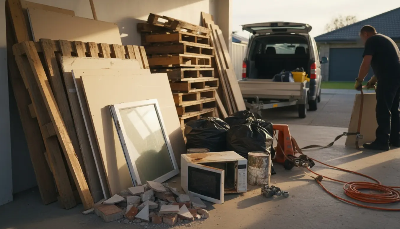 Blandet byggeaffald, en defekt mikroovn og et lille rudeparti i en carport klar til genbrugspladsen.
