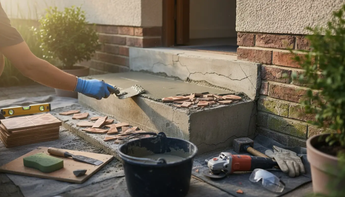 Nærbillede af reparation af revner i sokkel og udskiftning af to flisebelagte trappetrin.