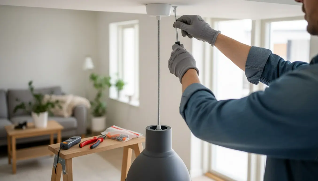 En person på en stige hænger en loftlampe op og skjuler ledningen i lampens baldakin i en lys stue.