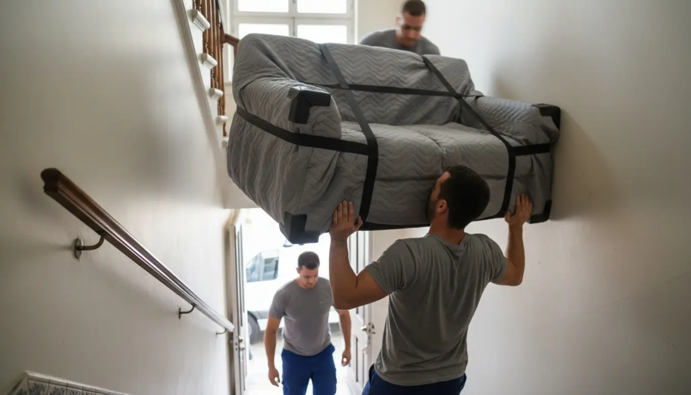 To personer bærer en lille 2-personers sofa op ad en trappe i en lys, skandinavisk opgang.