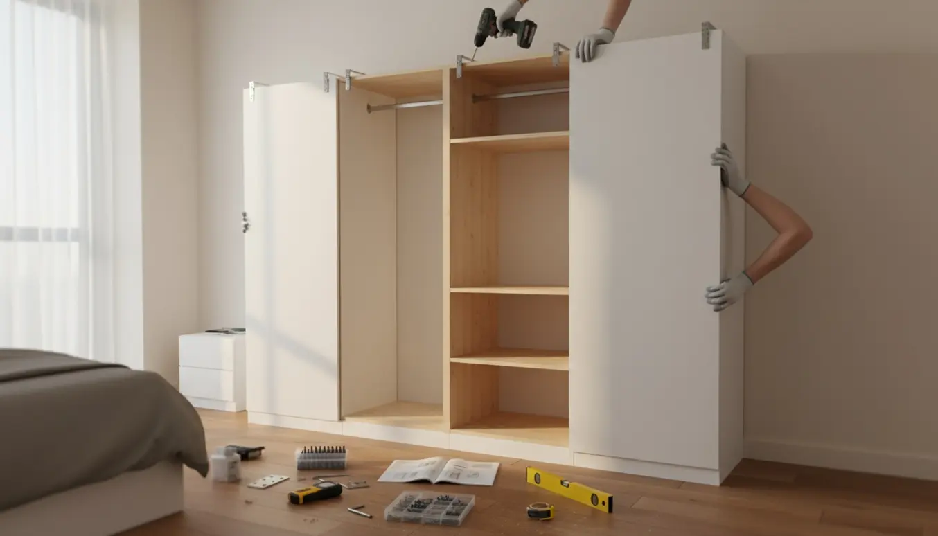 To hænder monterer et tre-moduls PAX-klædeskab mod en neutral væg med værktøj på trægulvet.