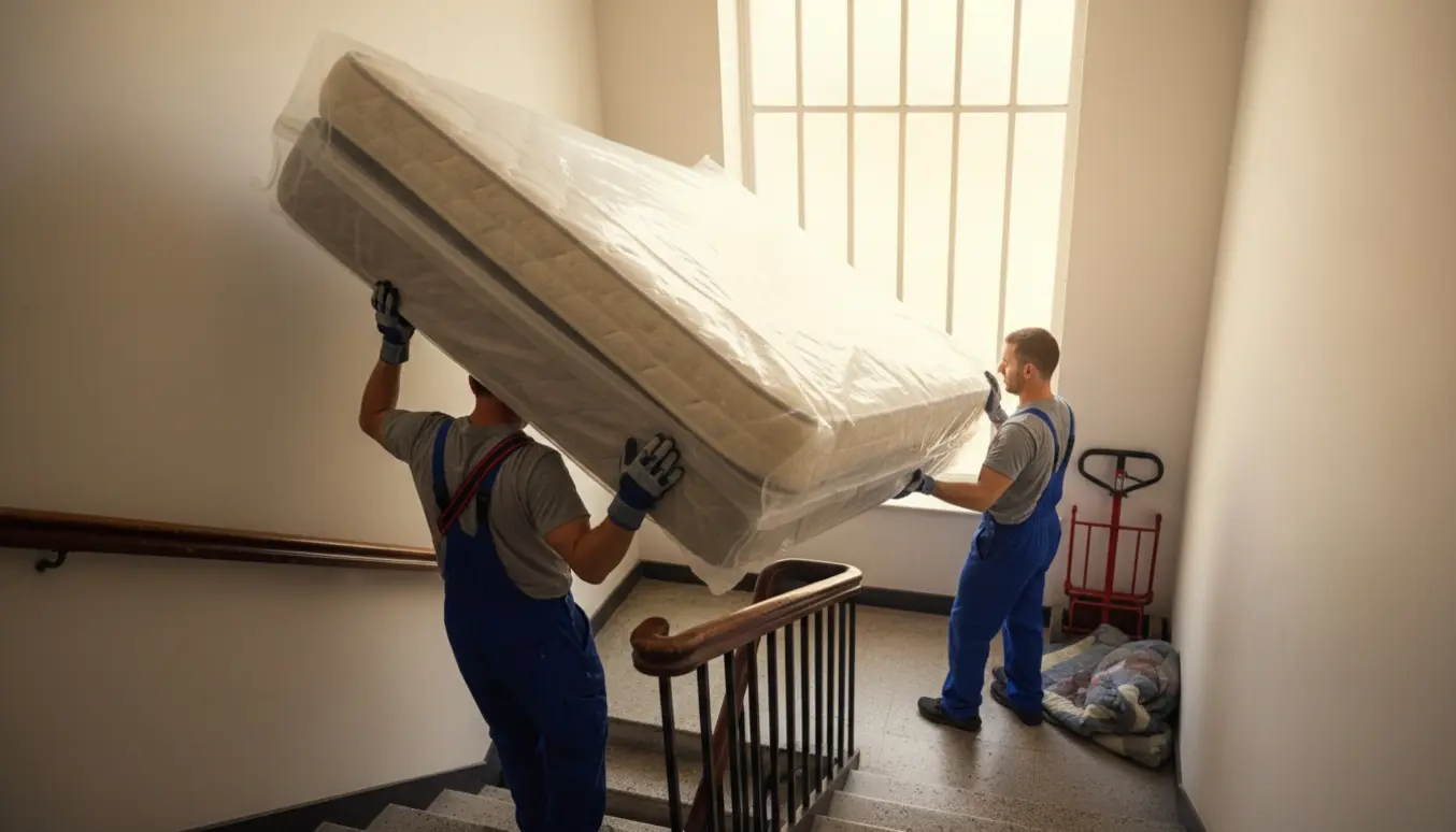 To flyttemænd bærer en stor indpakket boxmadras gennem en trappeopgang.