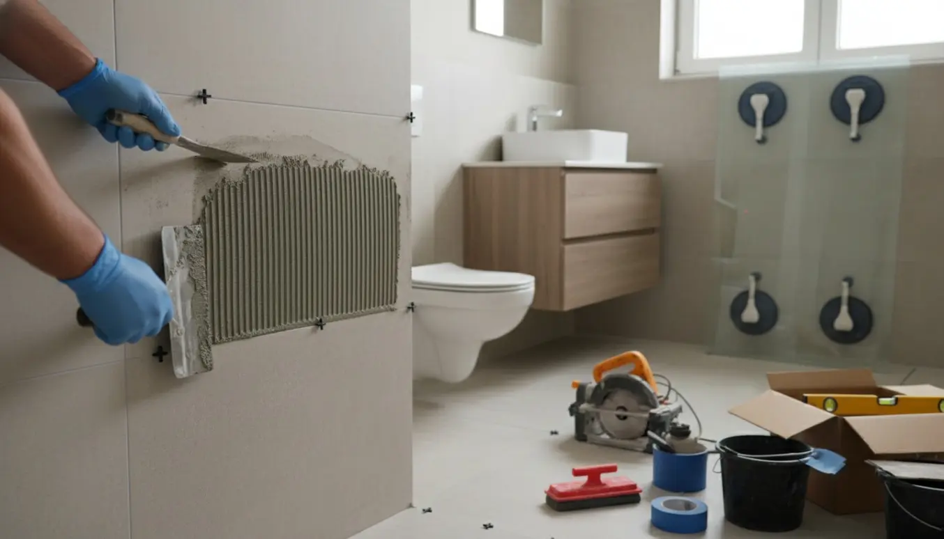 Igangværende badeværelsesrenovering med fliser, nyt toilet, vaskemøbel og glasbrusevæg klar til montering.