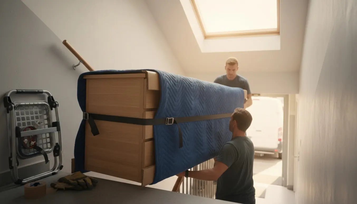 To personer bærer en 160 cm IKEA Malm-kommode op ad en opgang, pakket i flyttetæpper.