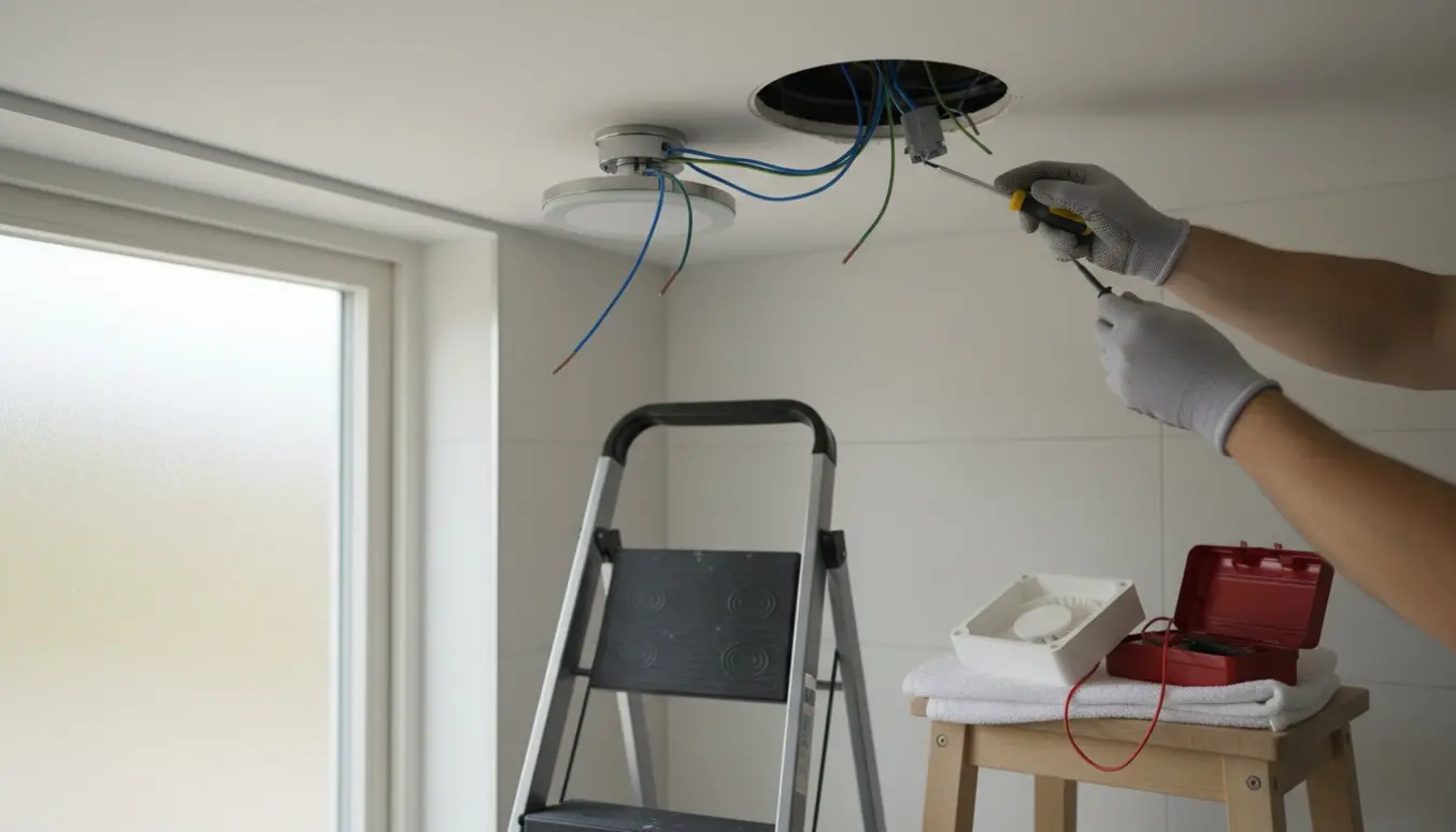 Nærbillede af badeværelsesloft med åben udsugningsventilator, blottede ledninger og anonyme hænder, der undersøger forbindelserne.