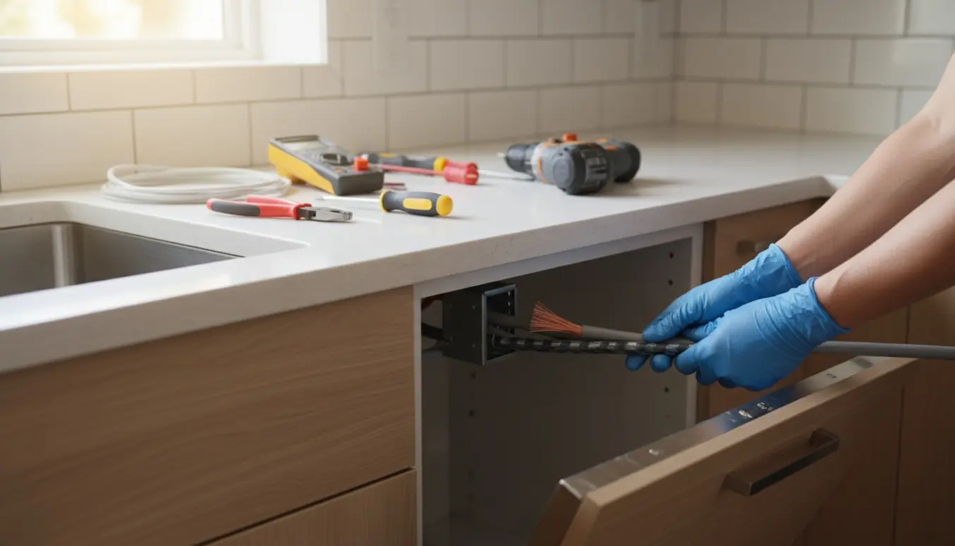 Hænder fører et strømkabel ind i en åben installationsboks bag en opvaskemaskine i et lyst, moderne køkken.