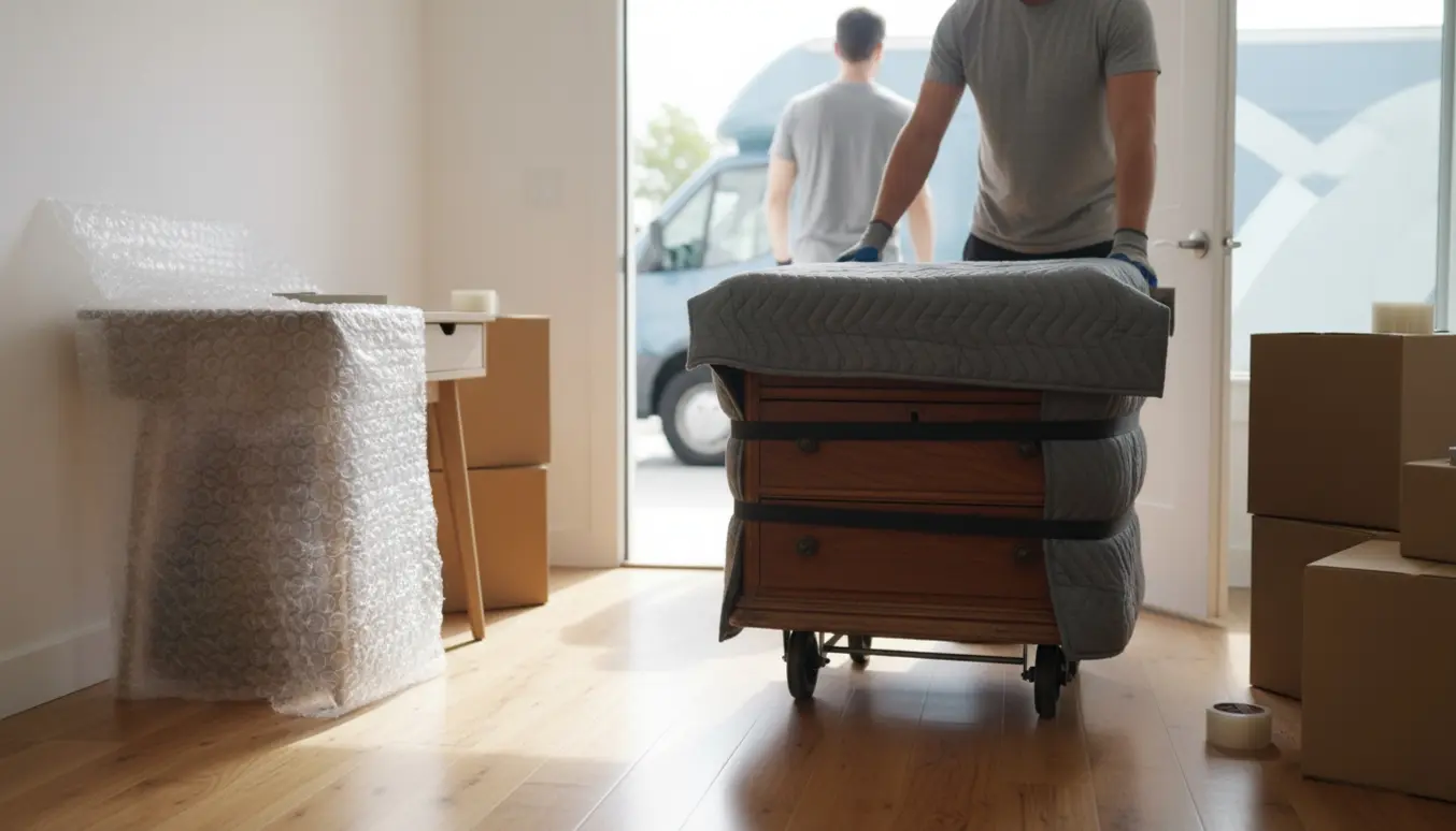 Kommode og skrivebord pakket og trukket ud af en lys lejlighed blandt stabler af flyttekasser.