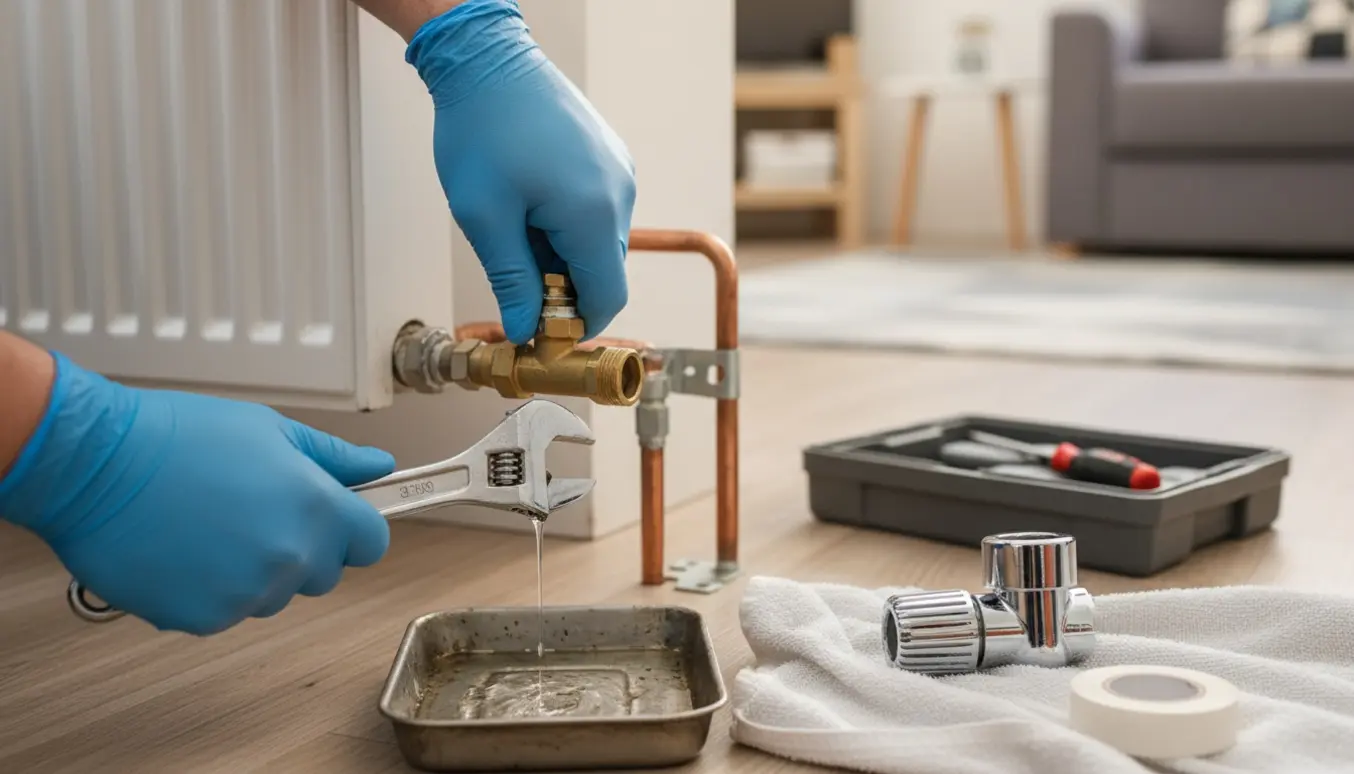Nærbillede af hænder, der udskifter en termostatventil på en radiator med skruenøgle og nyt ventil.