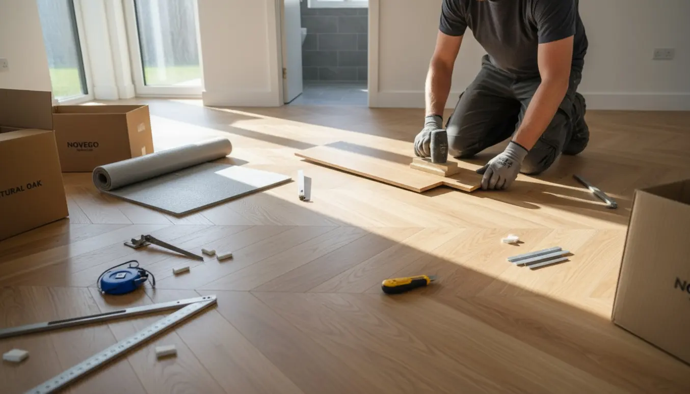En håndværker lægger sildebens vinylgulv i naturel egetræ i et lyst, åbent hjem med værktøj og underlag ved siden af.