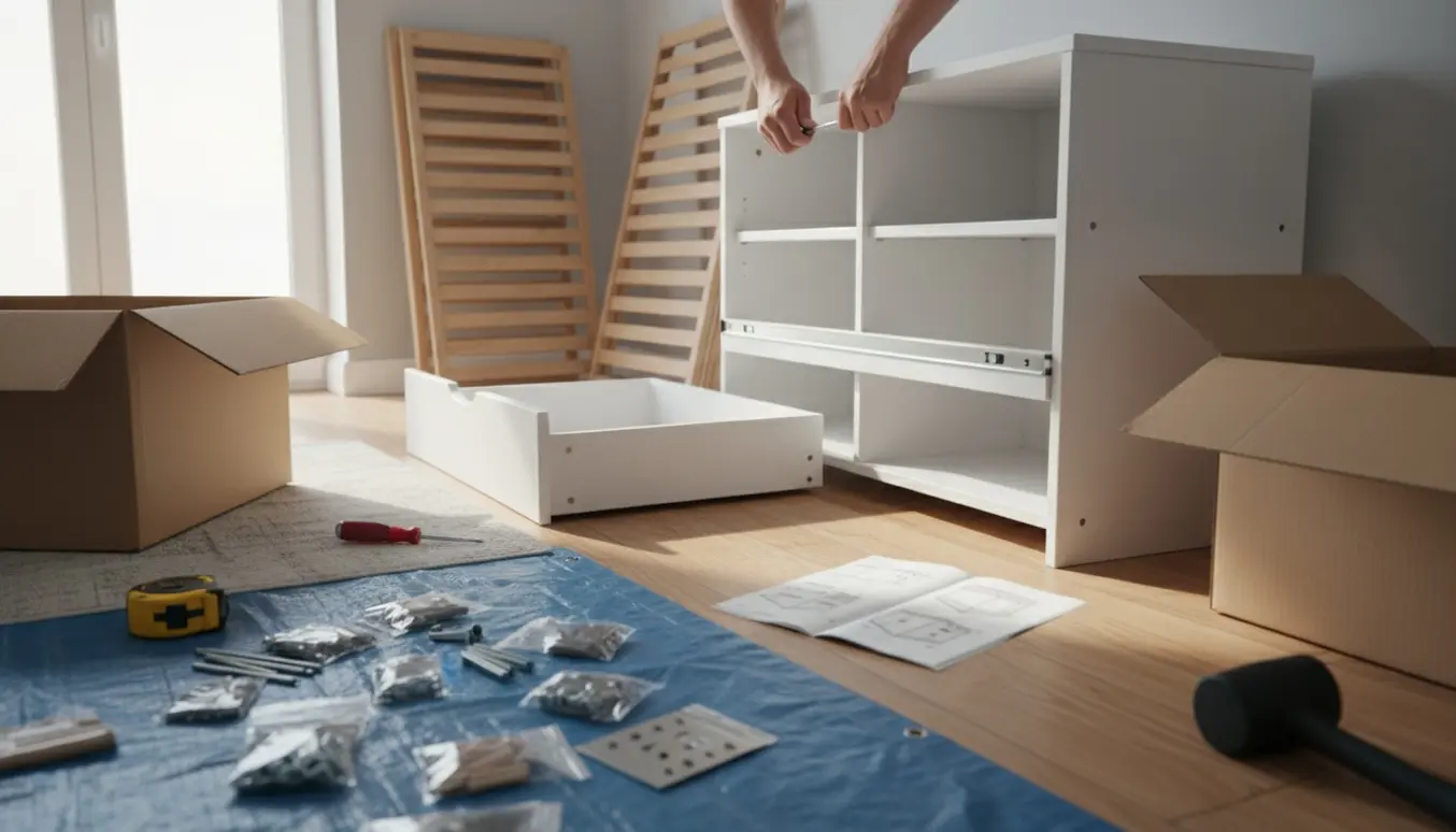 Nærbillede af hænder, der samler en hvid kommode, seng og natbord fra fladtpakkede møbler i et lyst soveværelse.