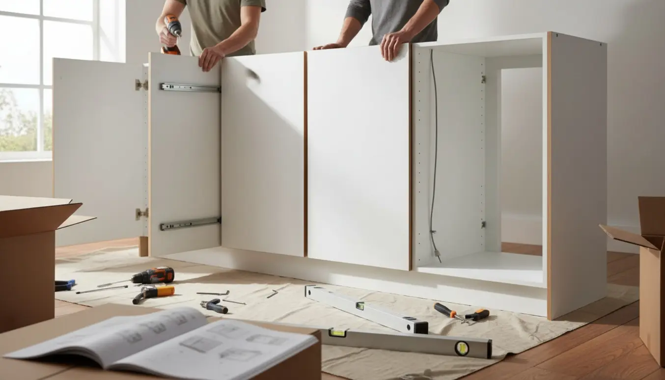 Hænder samler tre høje fladpakkede skabe i et køkken, én med åbning til integreret kølefryseskab.