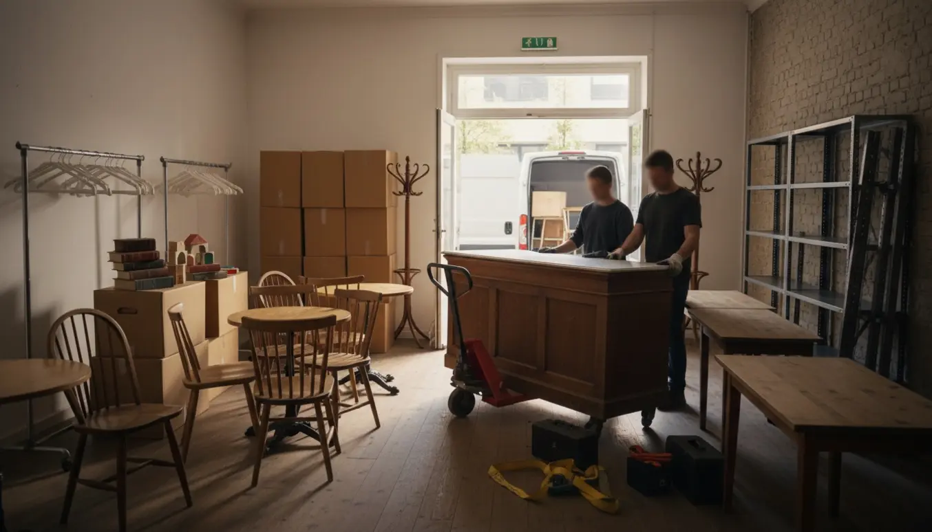 Butikslokale tømmes med tøjstativer, kasser, stole, borde og en tung disk på sækkevogn klar til afhentning.