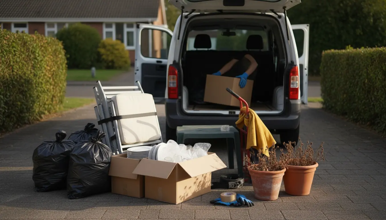 Åben varebil på indkørsel med affaldsposer, flyttekasser, havesofa, hynde og krukker klar til aflevering på genbrugspladsen.