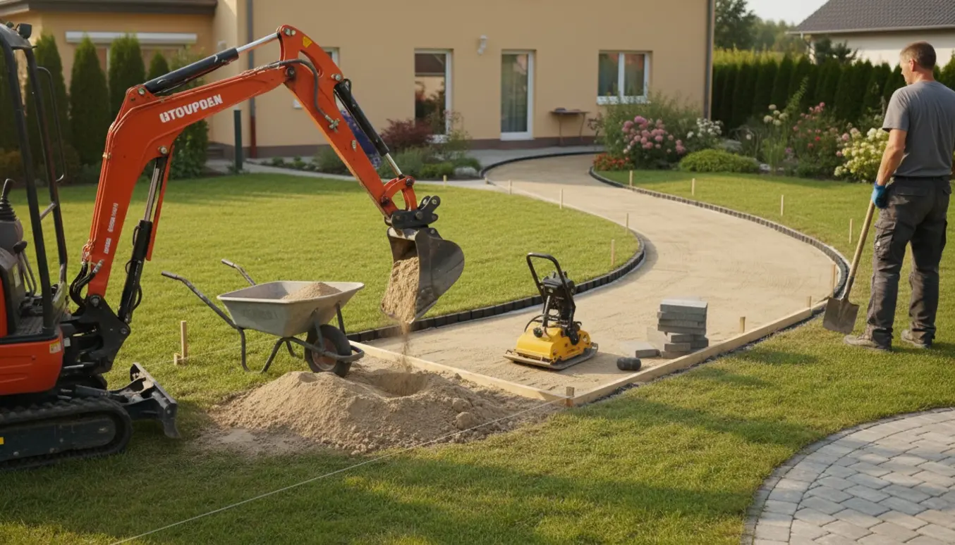 Udgravning til terrasse og flisegang med minigraver, bunker af sand og stabler af fliser på en parcelgrund.