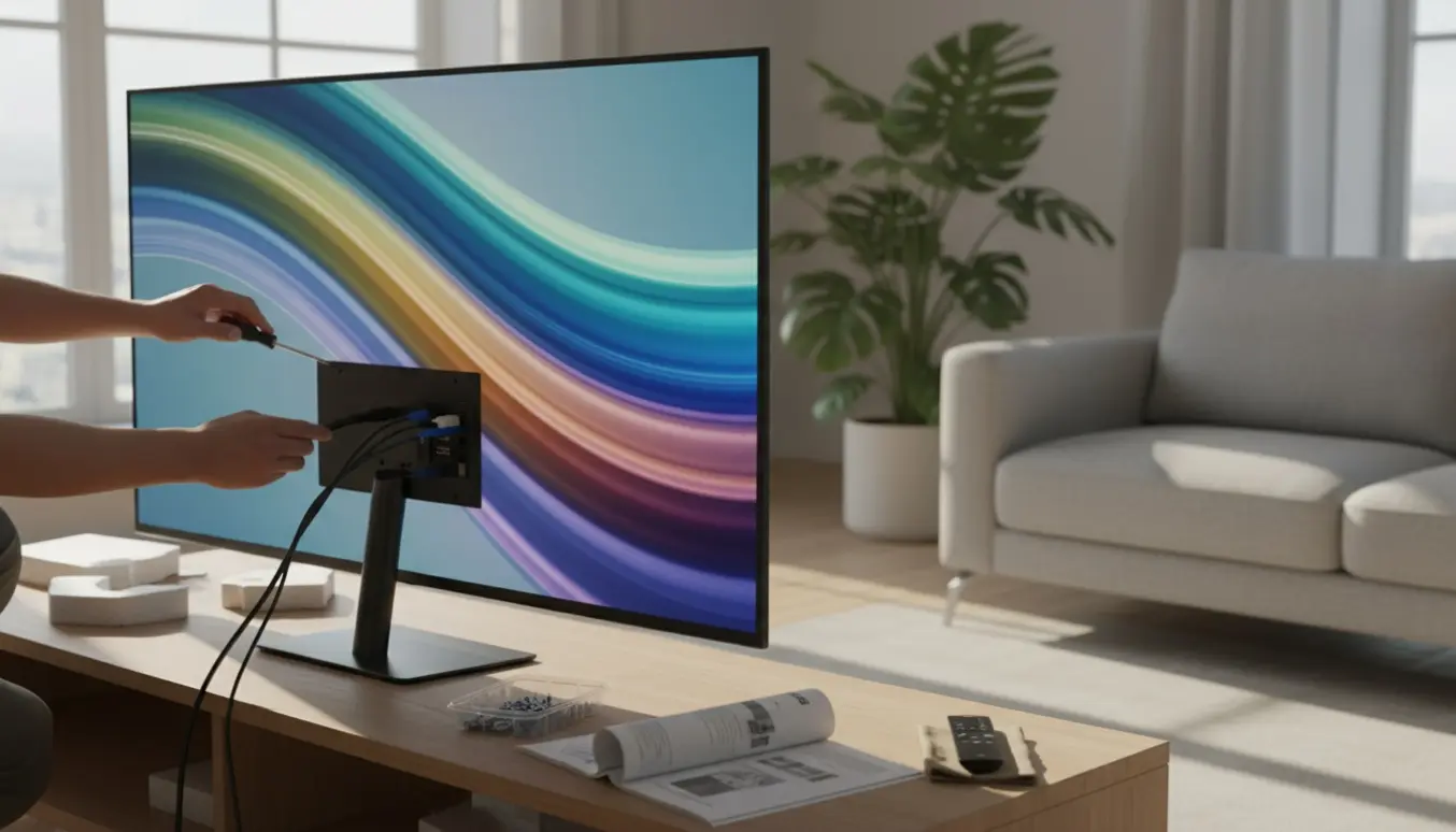 Nærbillede af en fladskærm under montering med hænder, skruer og kabler, mens skærmen viser en farverig søgeanimation.