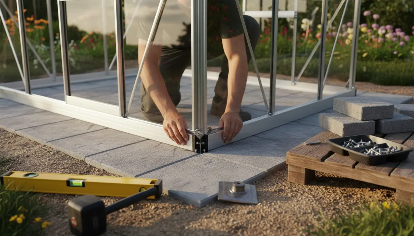 Delvist samlet kompakt drivhus på nylagt flisefundament med værktøj og hænder i arbejde.