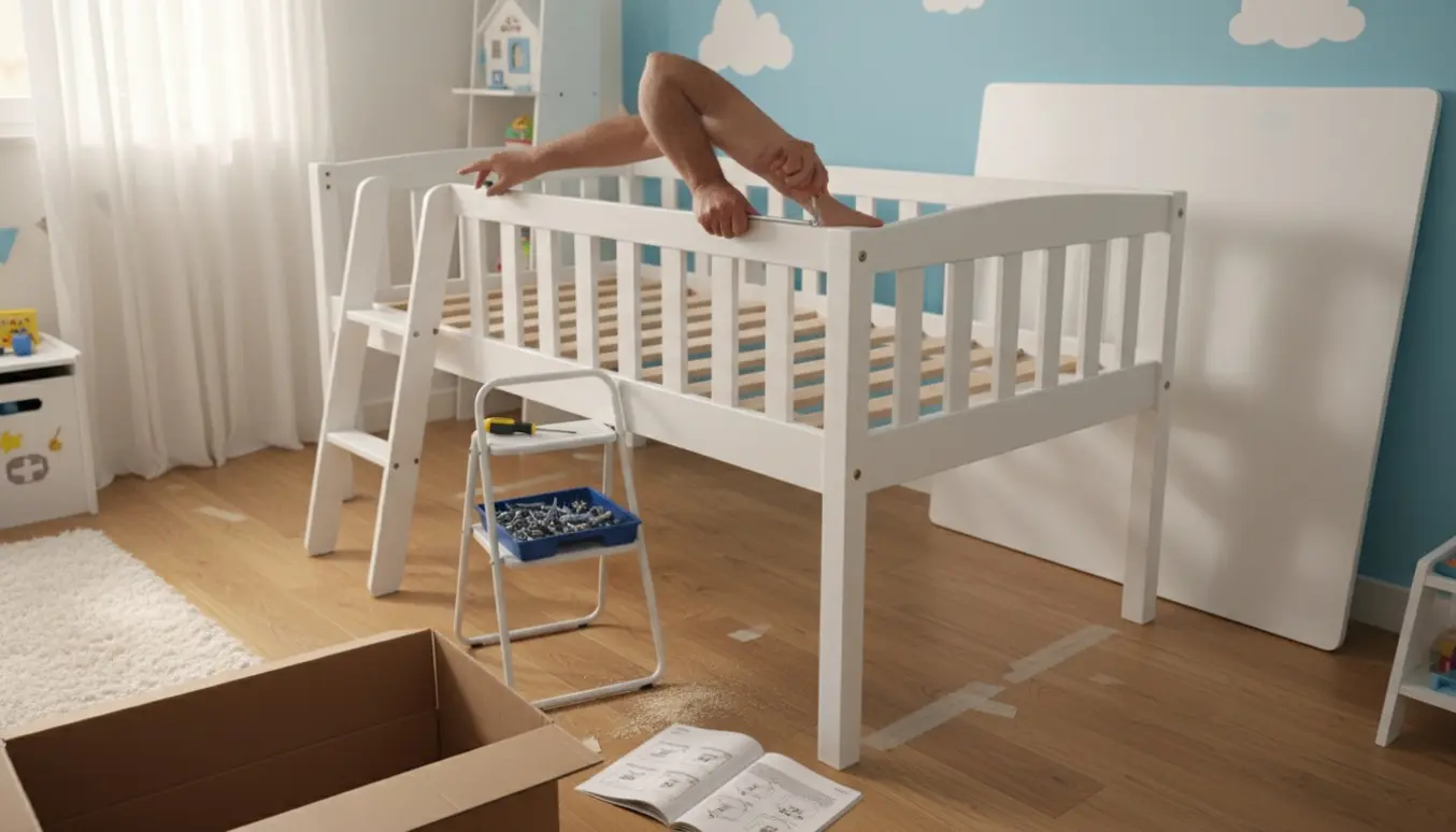 Delvist samlet IKEA Småstad køjeseng i et lyst børneværelse med hænder, der strammer skruer og værktøj tæt på.