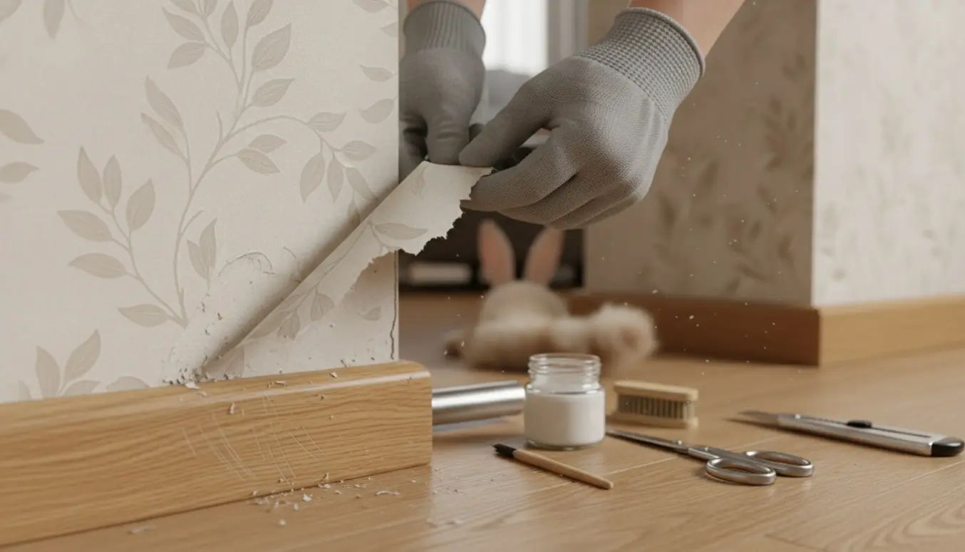 Nærbillede af et tapethjørne med tygge- og kløsmærker og reparationsværktøj ved siden af.