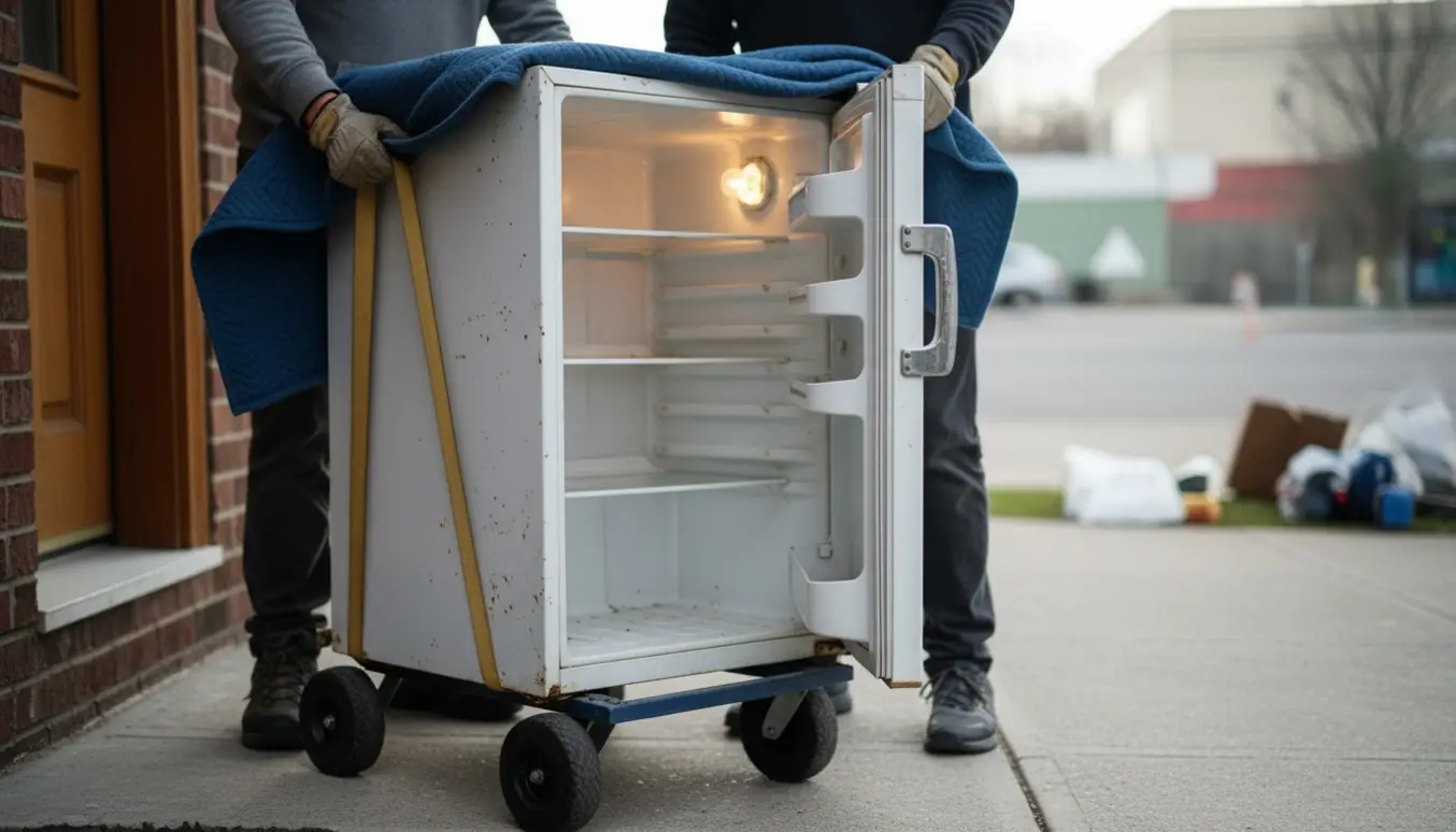 Et gammelt køleskab bæres ud fra en bolig og placeres ved fortovet til storskrald.