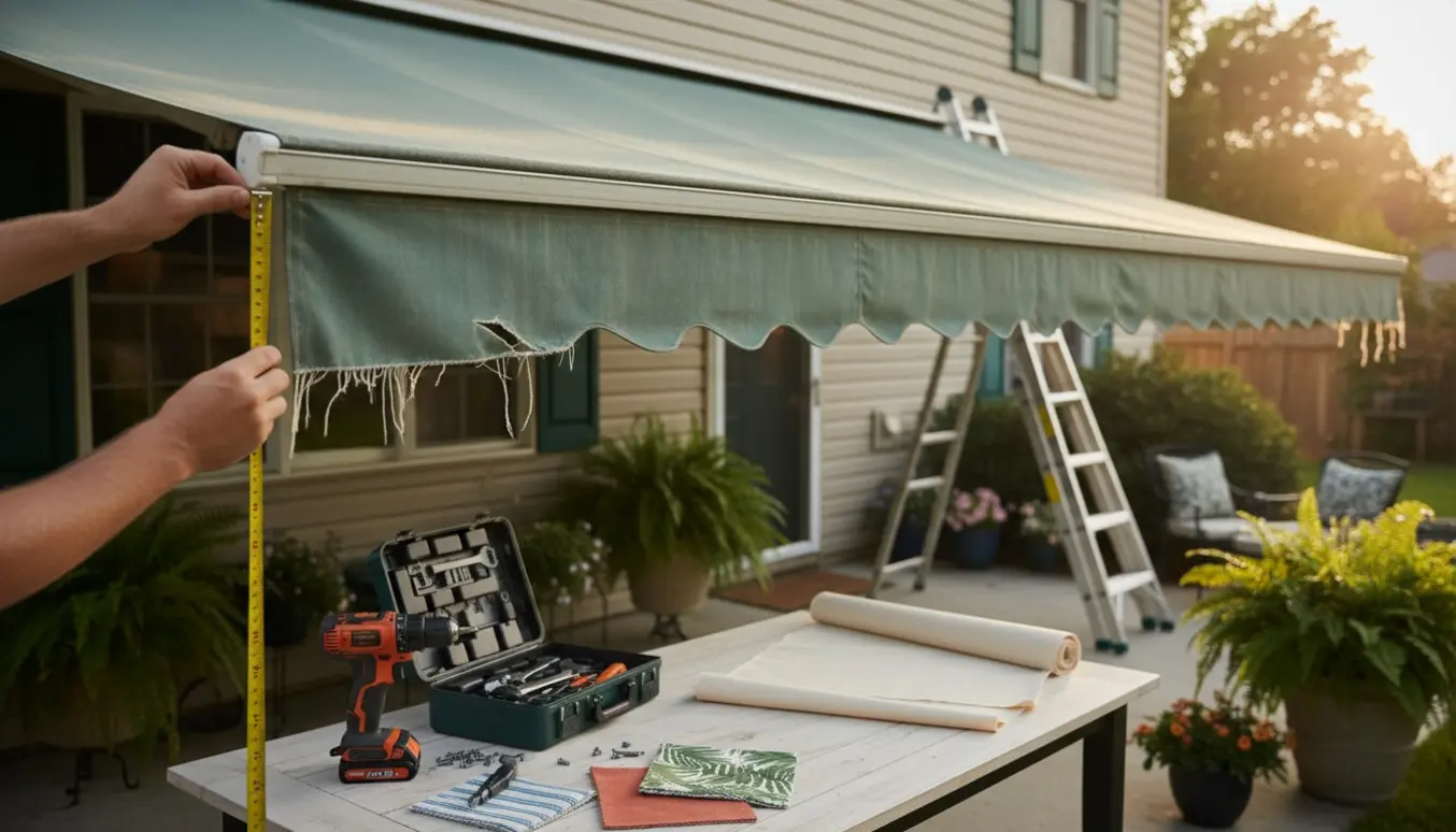 En skæv markise over en terrasse med hænder, målebånd, værktøj og stofprøver klar til udskiftning af stoffet.