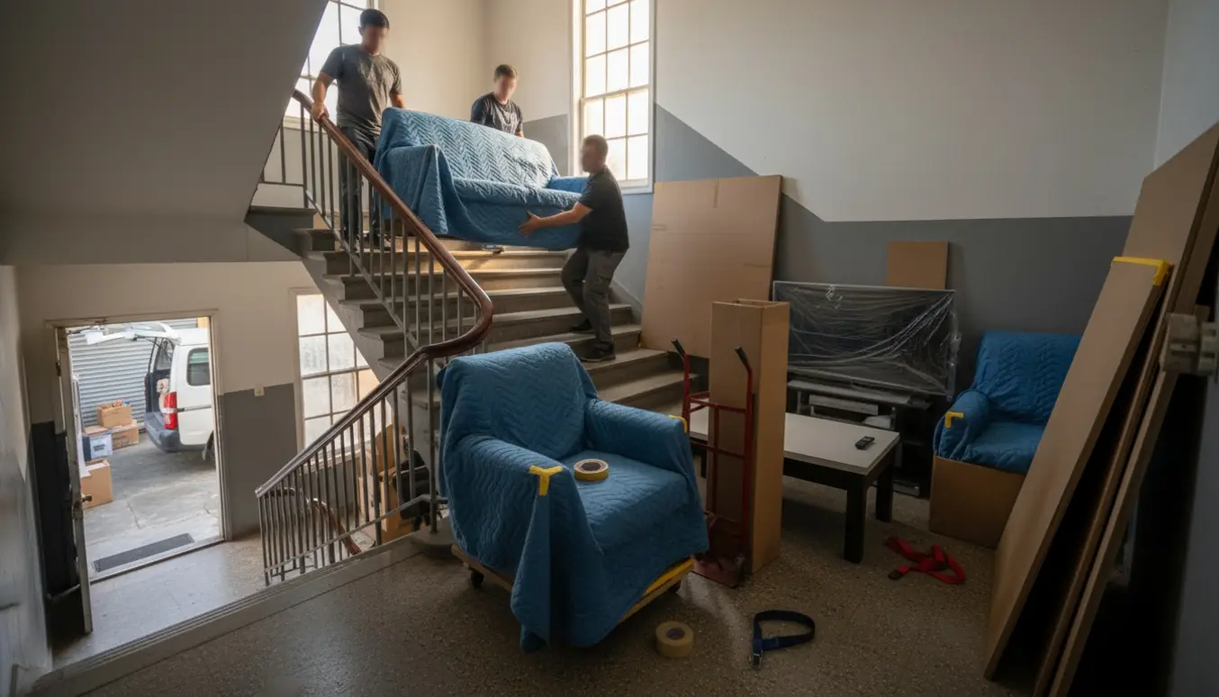 Møbler bæres op ad en lejlighedstrappe med indpakkede sofaer, et opretstående TV, pakket skrivebordsplade og en boxed madras.